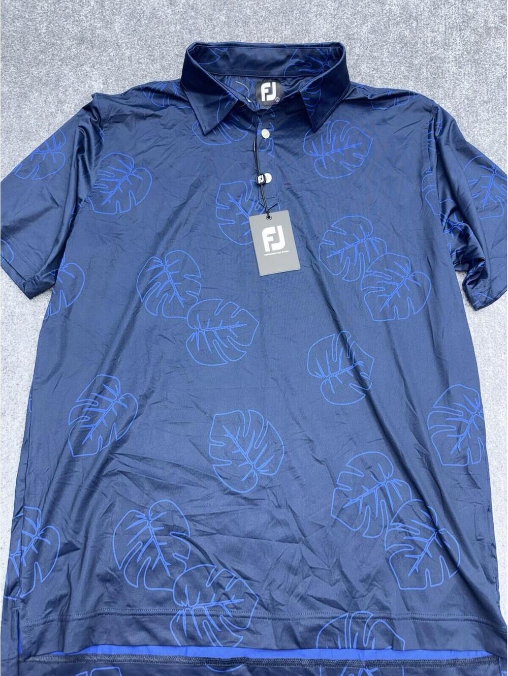 FootJoy Jungle Leaf Print Lisle Polo Mens Large Navy Royal NWT